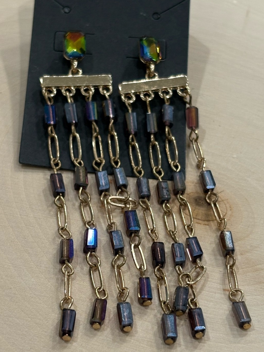 Purple iridescent bead and gold tone chain long earrings New on card Unbranded